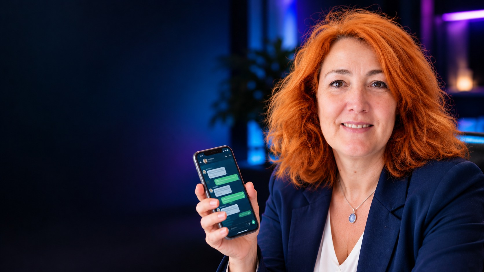 Montse Mas, fundadora de M&M IA Solutions, con un móvil que muestra una conversación de WhatsApp